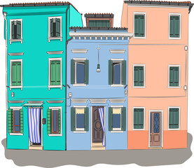 Old colorful houses on the Burano island. Venice.