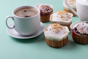 yummy sweet tasty muffin cakes on simple mono color background