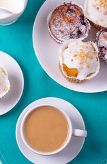 yummy sweet tasty muffin cakes on simple mono color background