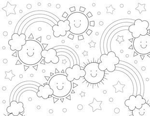 rainbows, clouds and sun coloring page for kids