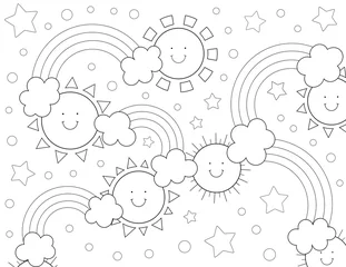 Gordijnen rainbows, clouds and sun coloring page for kids © BaMic illustrations