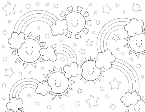 rainbows, clouds and sun coloring page for kids