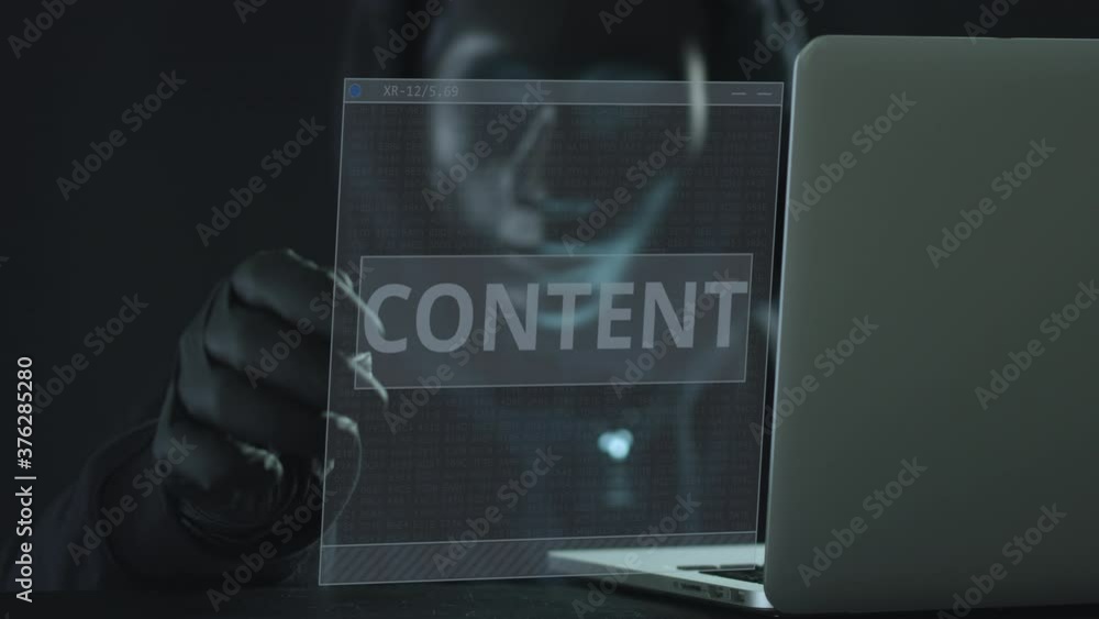 Aufkleber a hacker wearing black mask pulls content tab from a laptop. hacking concept
