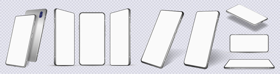 Mockup mobile phones at different angles. Smartphones isolated on white background with blank screen display. Template cellphone for show UI, UX, APP. Presentation smartphones mockup. Vector set