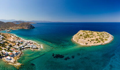 Aerial view of the picturesque village of Mochlos and ancient Minoan ruins on an island (Mochlos, Crete, Greece)
