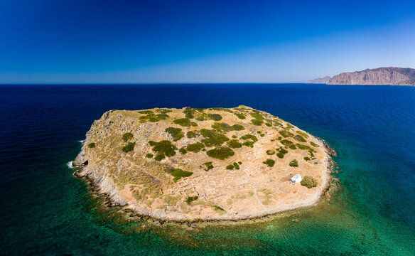 Aerial drone view of the ancient Minoan ruins on the island of Mochlos in Crete, Greece