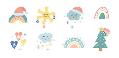 Cute Christmas kids nursery collection. Trendy hand drawn christmas tree, rainbow with santa hat, sun, clouds with snowflakes, star and heart. Holiday design elements. Baby shower. Vector illustration