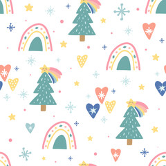 Christmas seamless pattern with cute funny characters. Unique decoration with rainbows, christmas tree, clouds, snowflakes, hearts, sun and balls. Trendy Holiday design elements. Vector illustration
