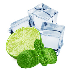 Lime, ice cub and mint leaves isolated on white background, clipping path, full depth of field