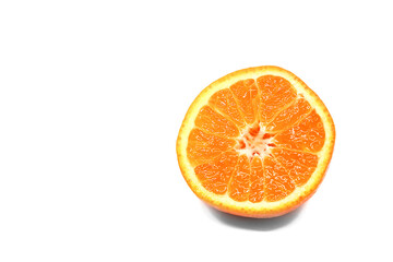 Half of a large juicy ripe tangerine with a thick skin isolated on a white background. Fruit diet, popular fruit available, source of vitamins. Space for text. Blank for design.