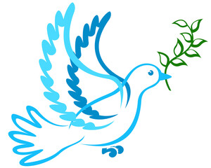 The contour of a dove with a green branch in its beak. Dove peace