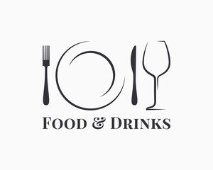 Food and drink logo. Plate with wine glass - 376287038