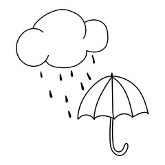 Black outline of a cloud with rain and an umbrella on a white background.