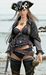 Naklejka premium Portrait of a sexy pirate female coming ashore in search of adventure armed with a flintlock pistol and a cutlass. 3d rendering