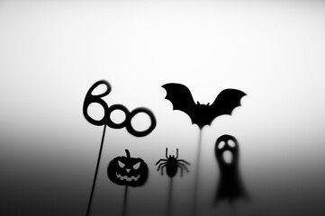 Halloween Decoration. Terrifying Shadow Puppets. Shadows pumpkin, bat, ghost, spider, and Boo word...