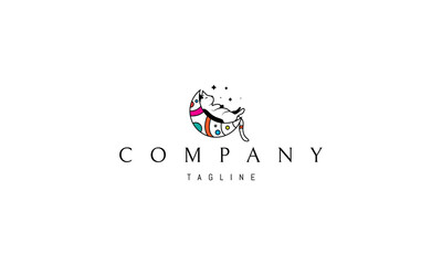 Vector color logo on which an abstract image of a cat sleeping on the moon.