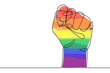 Continuous line drawing of rainbow colored strong fist raised up. Human arm in LGBT flag colors with clenched fingers, one line drawing vector illustration. Concept of gay pride, lgbt, love