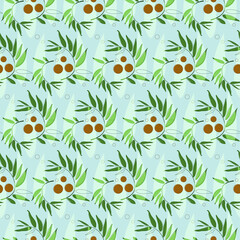 Seamless pattern whith twigs and oranges on blue background