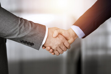 Business people standing and shaking hands in sunny office, close-up. Handshake and marketing