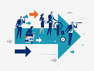 Direction. The Successful Team. Business team fly on arrow. Concept business vector illustration