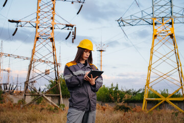A young engineering worker inspects and controls the equipment of the power line. Energy