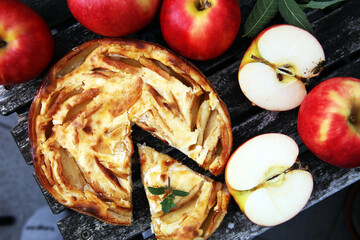 Apple tart. Gourmet traditional holiday apple pie sweet baked dessert food with cinnamon and apples...