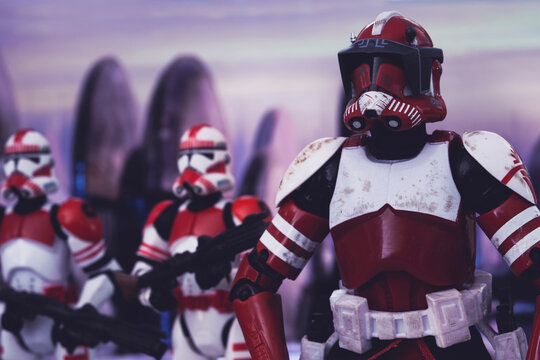 NEW YORK USA, SEPTEMBER 7 2020: Clone Commander Fox And Clone Shock Troopers On Coruscant - Hasbro Action Figures
