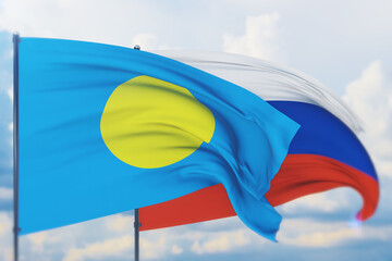 Waving Russian flag and flag of Palau. Closeup view, 3D illustration.