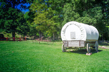 Covered wagon old west trail, forest landscape