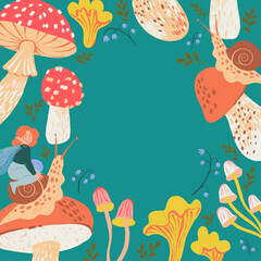 Hand drawn illustration with a fairy on a snail and mushrooms.