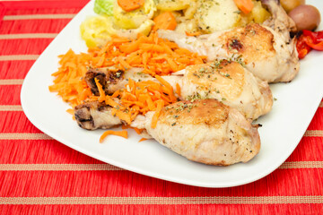 Muslos de pollo asado y ensalada