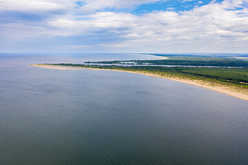 Aerial view of the Vistula river mouth to the Baltic sea