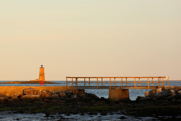 Beautiful Whaleback Lighthouse of Maine after sunset Viewing from Great Island Common state park, New Hampshire. 