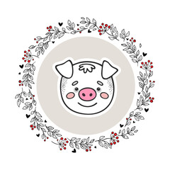 Animal logo isolated on white background. Hand drawn pig in circle doodle vector frame. Vintage style. Perfect for nursery, kids apparel, greeting, invitation, and wish cards. Baby shower theme.