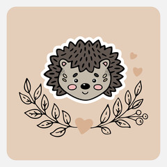 Hedgehog. Cute funny hand drawn animal with hearts, leaves and branches. Cartoon doodle sketch style. Vector illustration for card, banner, poster, baby cloth, sticker, interior elements for nursery.