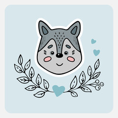 Wolf. Cute funny hand drawn animal with hearts, leaves and branches. Cartoon doodle sketch style. Vector illustration for card, banner, poster, baby cloth, sticker, interior elements for nursery.