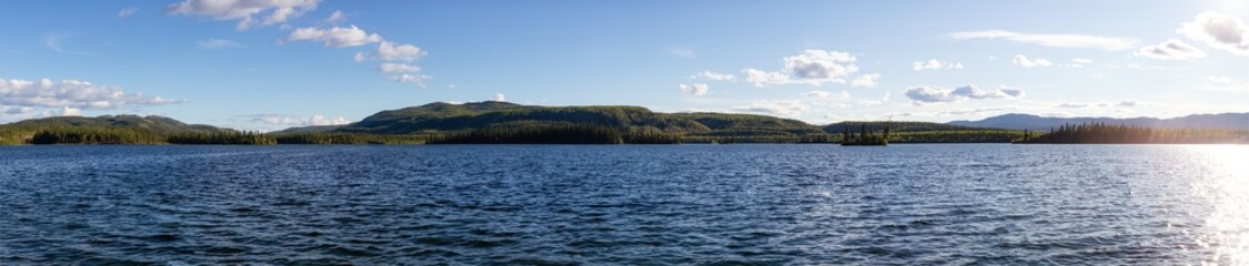 Panoramic View of Twin Lakes during a sunny summer day. Located North of Whitehorse, Yukon, Canada.