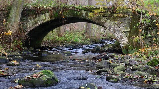 A Water cascade in the creek flowing under an ancient stone bridge in the autumn forest.