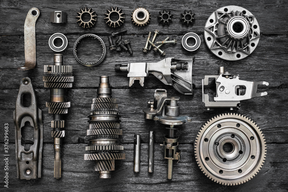 Canvas Prints car gearbox spare parts on the black flat lay background.