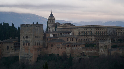 Fototapeta na wymiar La Alhambra Castle and Fortress complex during night in Granada, Andalusia, Spain.