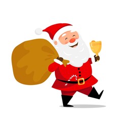 Cute santa claus character carrying bag and jingle bell. Vector illustration for christmas greeting cards design