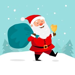 Snow scene with santa claus carrying bag and jingle bell on forest background. Vector illustration for christmas greeting cards design