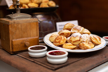A plate of pancakes with jams. Delicious dessert