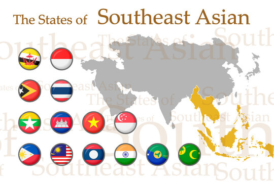 Set icons flags of South-East Asia. Vector image of flags and geographical map of Asia on a white background. You can use it to create a website, print brochures, booklets, leaflets, and travel guides