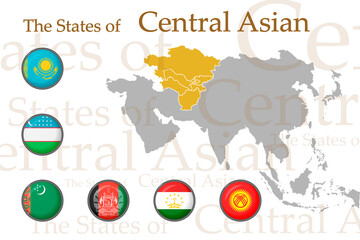 A set of icons for flags of Central Asian countries. Vector image of flags and geographical map of Asia on a white background. You can use it to create a website, print brochures, booklets, leaflets.