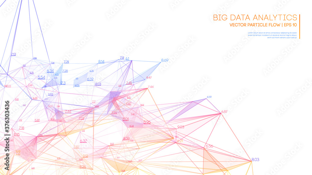 Poster big data analytics blockchain technology background. colorful triangle particles background. eps 10.