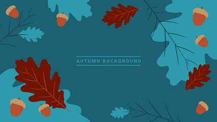 Fototapeta na wymiar Autumn theme background. Blue wallpaper with oak leaves and acorns.