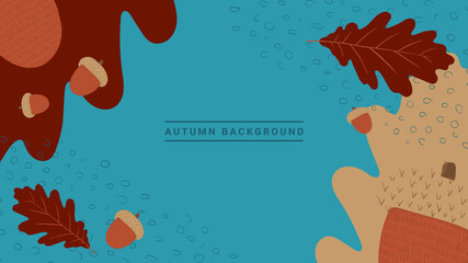 Fototapeta na wymiar Autumn theme background. Blue wallpaper with oak leaves, acorns, and abstract details.