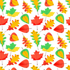 Obraz premium Seamless vector pattern with birch, oak and maple leaves on a white background. Autumn endless ornament.