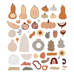 Set of modern abstract hand-drawn autumn elements. Pumpkins, squash vegetable, pomegranate fruit and flowers. Rainbow and geometric objects. Fall concept. Isolated natural flat vector illustrations.